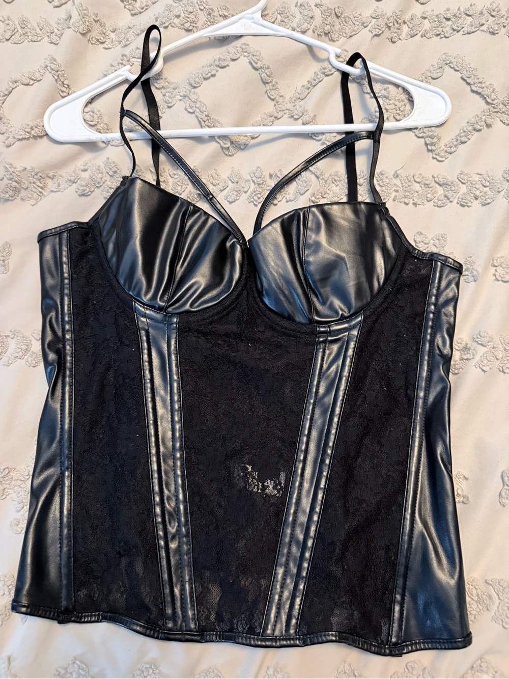 Amazon Black Faux Leather & Lace Bustier Camisole with Strappy Cups